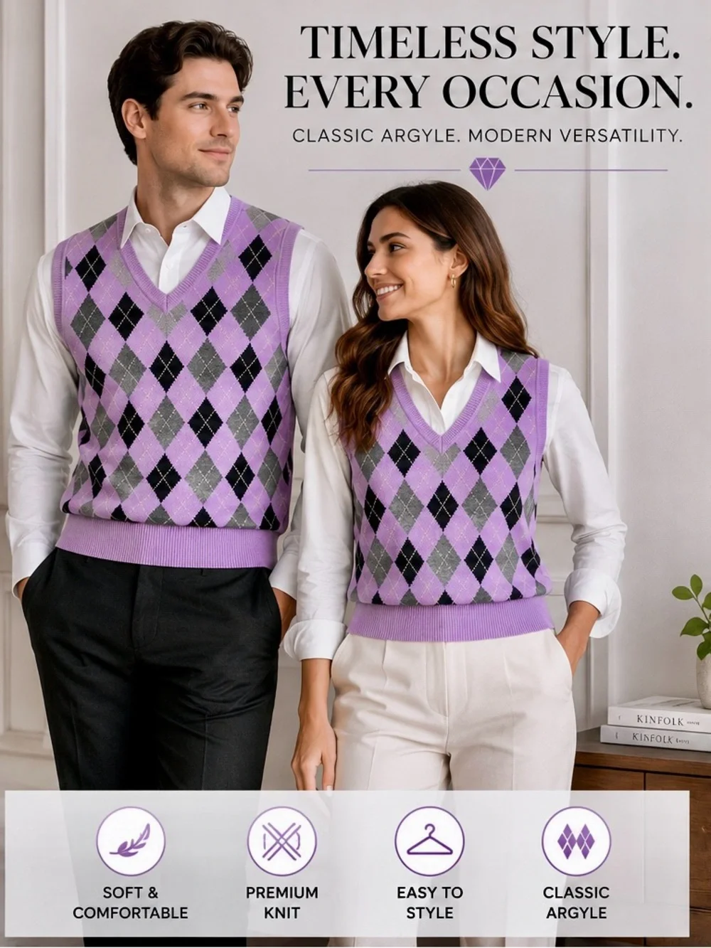 Brooks Brothers 100% Merino Wool Argyle Sweater Vest Men’s XL Purple Gray